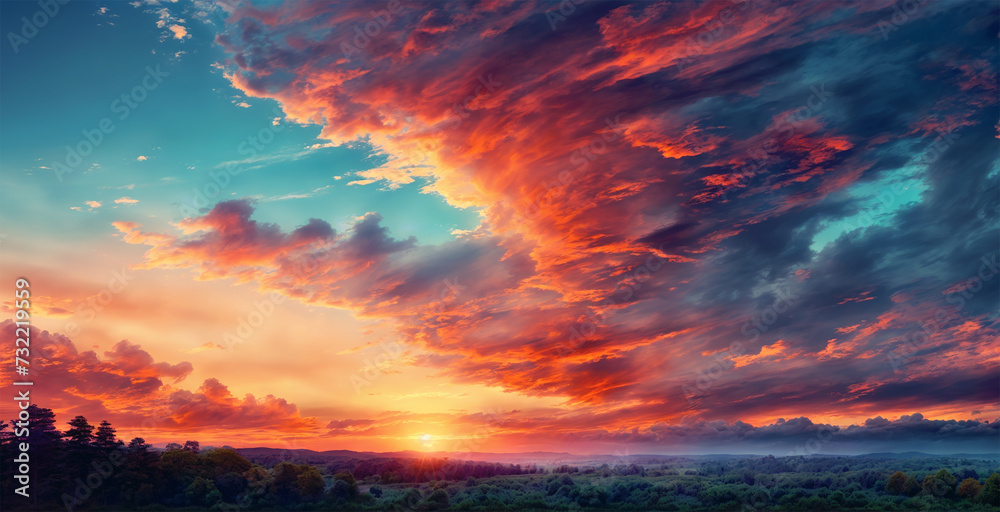 sunset with a sky on fire, orange and pink clouds contrasting with the blue sky, above a forest of green trees. - obrazy, fototapety, plakaty 