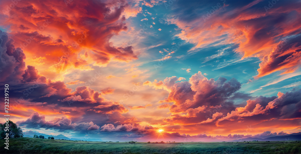 sunset with a sky on fire, orange and pink clouds contrasting with the blue sky, above a forest of green trees. - obrazy, fototapety, plakaty 
