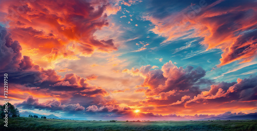 sunset with a sky on fire, orange and pink clouds contrasting with the blue sky, above a forest of green trees.