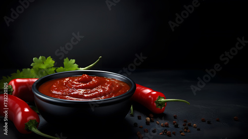 chilli sauce on little black bowl isolated over dark background
