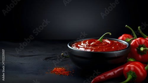 chilli sauce on little white bowl isolated over dark background