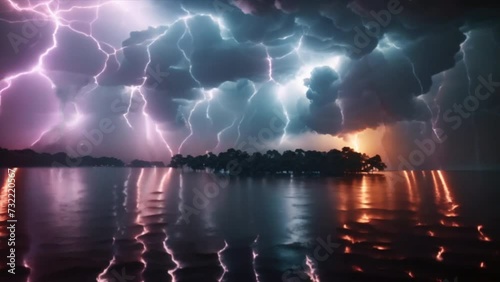 Lightening large bolts over a lake at night dark skies photo