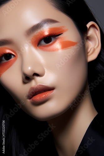 A close-up shot of a Korean model with a striking makeup look  emphasizing the artistry and creativity of Korean beauty.