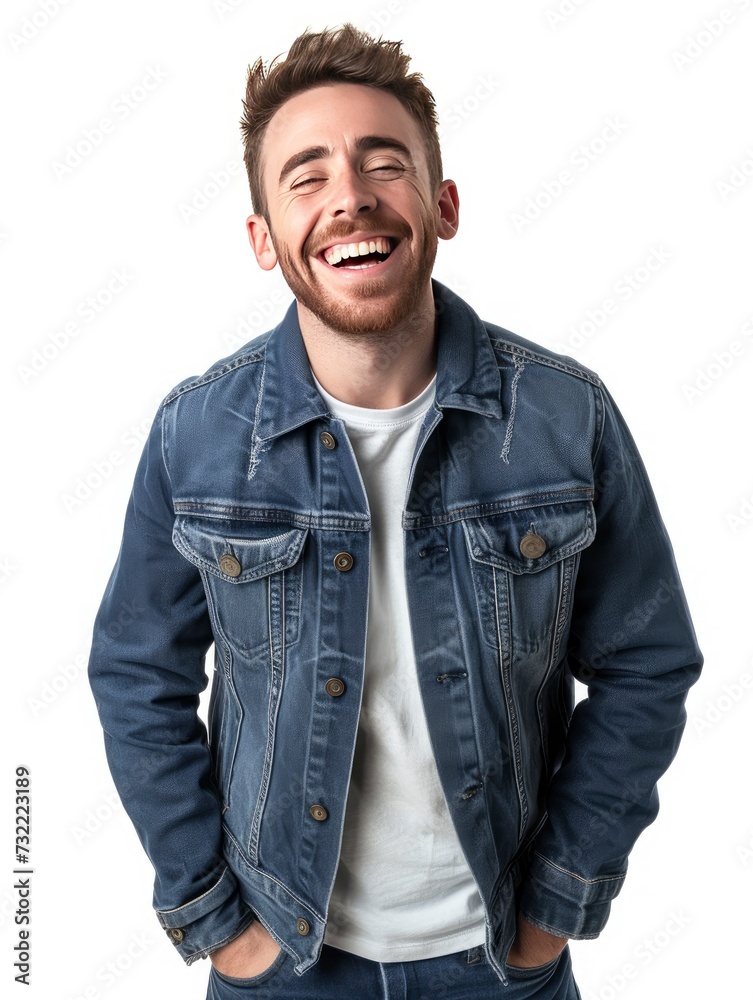 Young American man isolated on white background laughing, realistic, HD, copy space - generative ai Young American man isolated on white background laughing, realistic, HD, copy space - generative ai