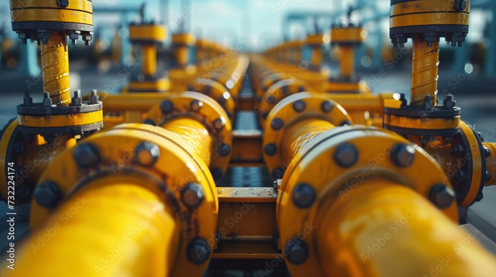 Industrial yellow gas and oil pipelines and valves on a blue sky background.Vibrant Blue Sky Frames Network Of Industrial Yellow Pipelines And Valves Industrial yellow gas and oil pipelines and valves on a blue sky background.Vibrant Blue Sky Frames Network Of Industrial Yellow Pipelines And Valves