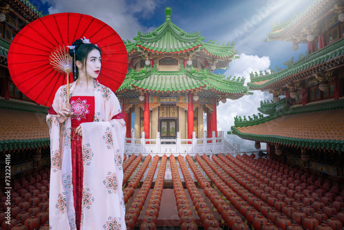 Asian women wearing national clothes Visit Sanfeng Temple in Kaohsiung,Taiwan. photo