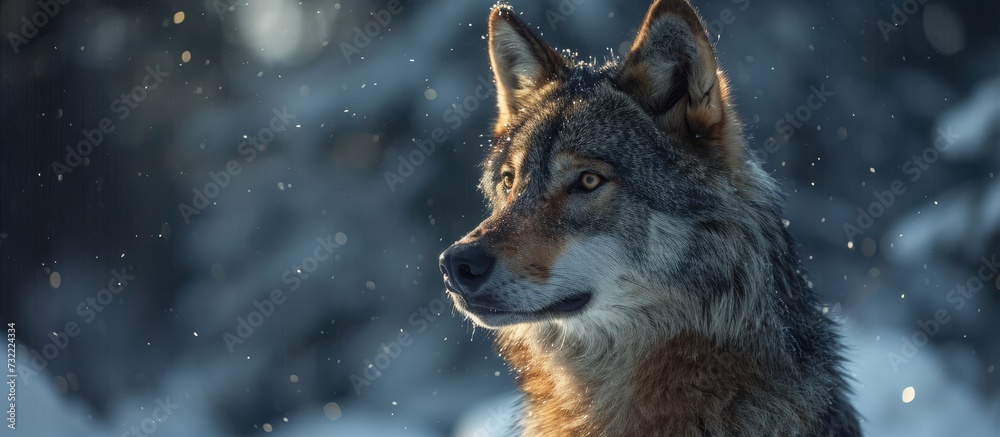 A close-up of a Canis, a carnivorous dog breed known as a wolf, in the snowy darkness, with electric blue eyes and whiskers. A close-up of a Canis, a carnivorous dog breed known as a wolf, in the snowy darkness, with electric blue eyes and whiskers.
