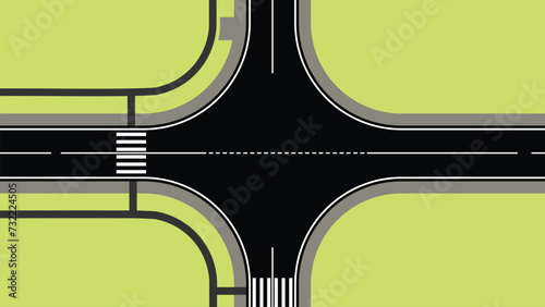 Crossroads of two roads with pedestrian paths, Empty highway asphalt road texture, Ariel View Road, Empty highway black asphalt road with dividing lines, Top view, Vector Illustration