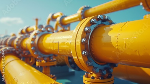 Industrial yellow gas and oil pipelines and valves on a blue sky background.Vibrant Blue Sky Frames Network Of Industrial Yellow Pipelines And Valves