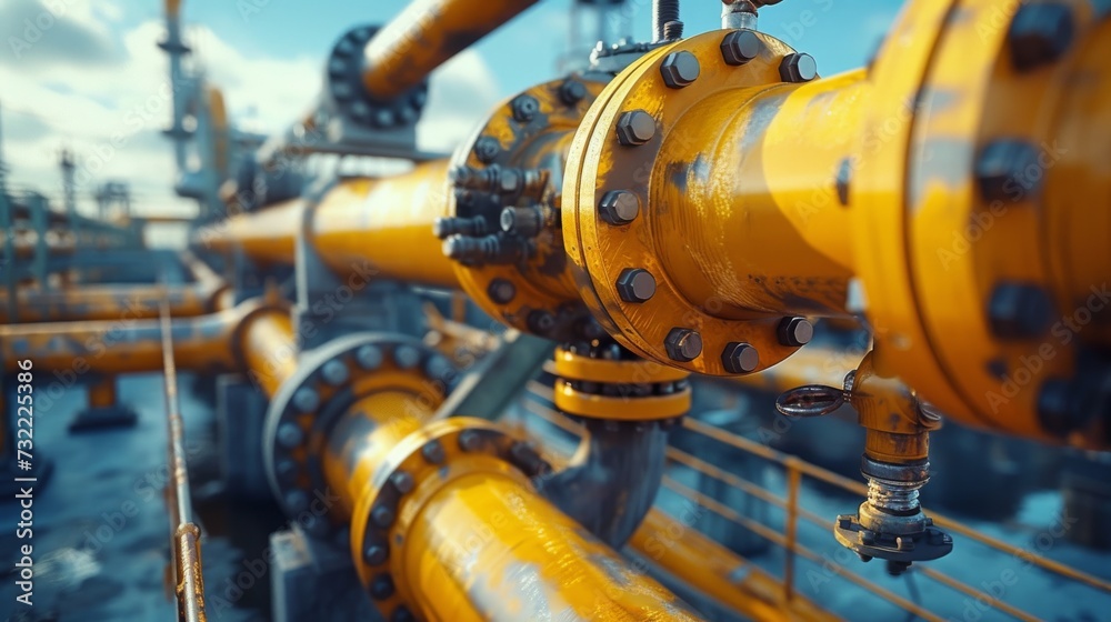 Industrial yellow gas and oil pipelines and valves on a blue sky background.Vibrant Blue Sky Frames Network Of Industrial Yellow Pipelines And Valves Industrial yellow gas and oil pipelines and valves on a blue sky background.Vibrant Blue Sky Frames Network Of Industrial Yellow Pipelines And Valves