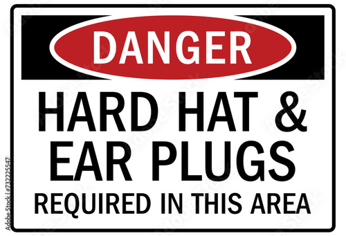 Hearing protection sign hard hat and ear plugs required in this area