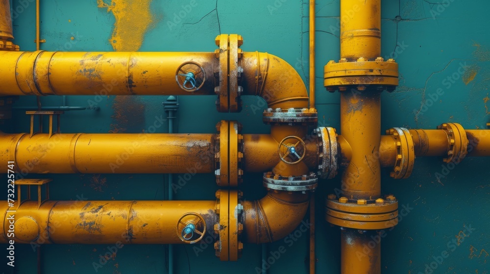 Industrial yellow gas and oil pipelines and valves on a blue sky background.Vibrant Blue Sky Frames Network Of Industrial Yellow Pipelines And Valves