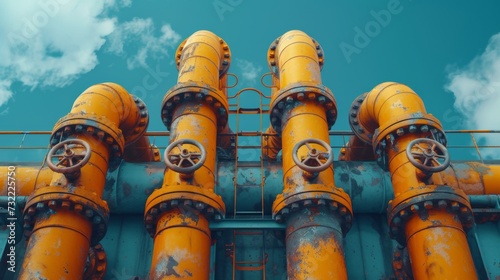 Industrial yellow gas and oil pipelines and valves on a blue sky background.Vibrant Blue Sky Frames Network Of Industrial Yellow Pipelines And Valves