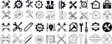 Hand tool vector icon set, tools featuring gears, house symbols. Perfect for web design, user interface, infographics. Detailed, editable, and ideal for maintenance or repair themes