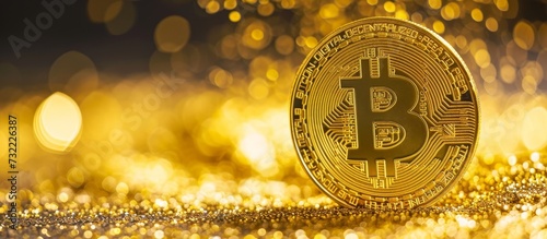 A golden bitcoin rests atop a heap of sparkling gold glitter, radiating wealth and happiness.