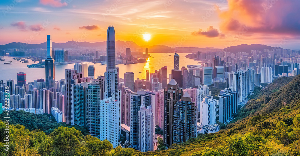 Obraz premium Dusk View of Victoria Harbor, Hong Kong Skyline and Architecture, Urban Landscape and City Travel Concept