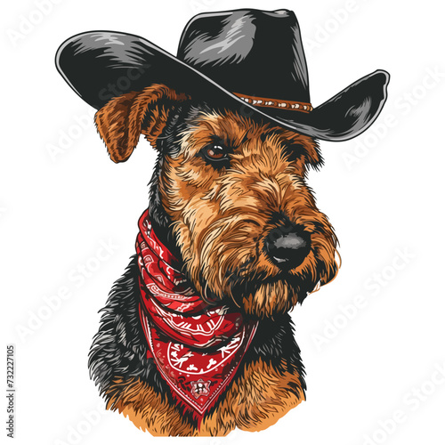 Airedale Terrier dog Head wearing cowboy hat and bandana around neck
