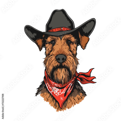 Airedale Terrier dog Head wearing cowboy hat and bandana around neck