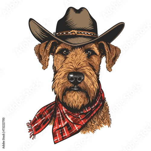 Airedale Terrier dog Head wearing cowboy hat and bandana around neck