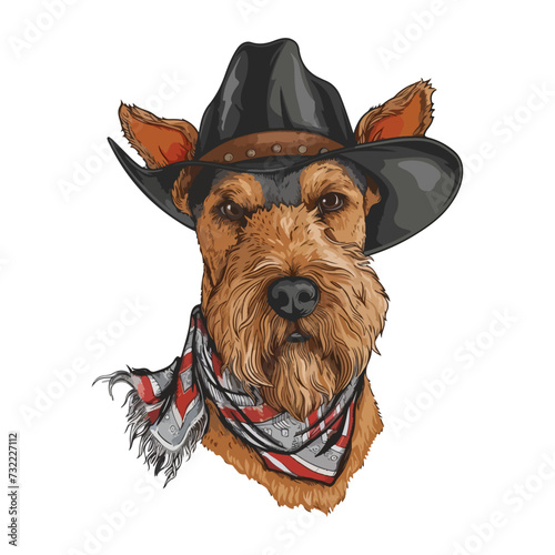 Airedale Terrier dog Head wearing cowboy hat and bandana around neck
