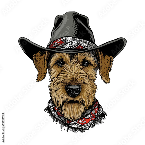 Airedale Terrier dog Head wearing cowboy hat and bandana around neck