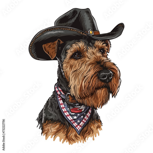 Airedale Terrier dog Head wearing cowboy hat and bandana around neck