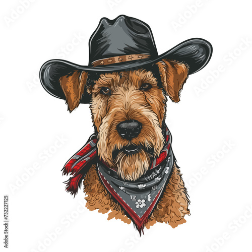 Airedale Terrier dog Head wearing cowboy hat and bandana around neck