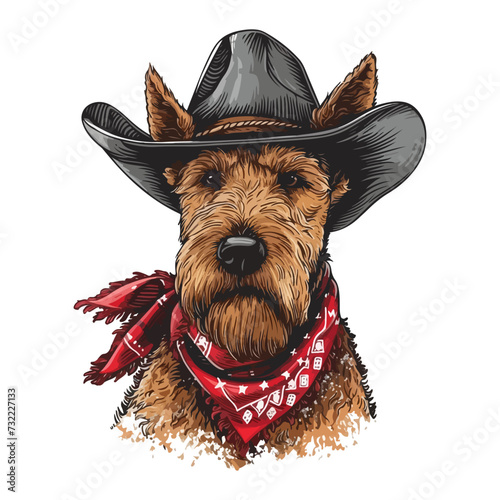 Airedale Terrier dog Head wearing cowboy hat and bandana around neck