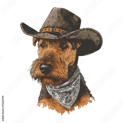 Airedale Terrier dog Head wearing cowboy hat and bandana around neck