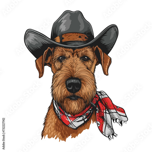 Airedale Terrier dog Head wearing cowboy hat and bandana around neck