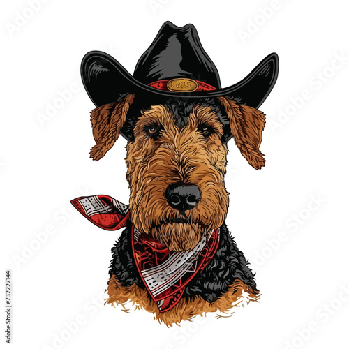 Airedale Terrier dog Head wearing cowboy hat and bandana around neck
