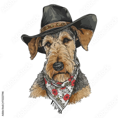 Airedale Terrier dog Head wearing cowboy hat and bandana around neck