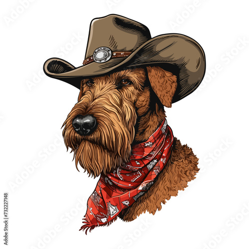 Airedale Terrier dog Head wearing cowboy hat and bandana around neck