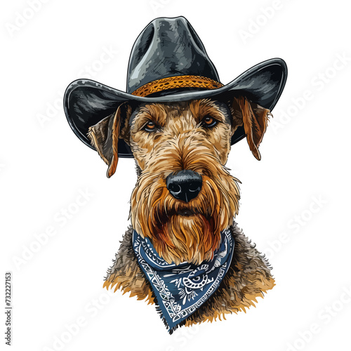 Airedale Terrier dog Head wearing cowboy hat and bandana around neck