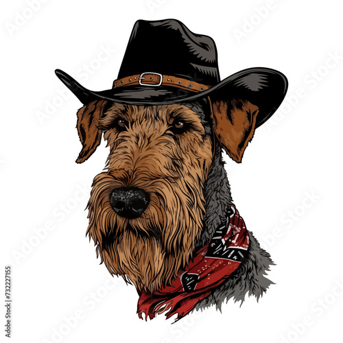 Airedale Terrier dog Head wearing cowboy hat and bandana around neck