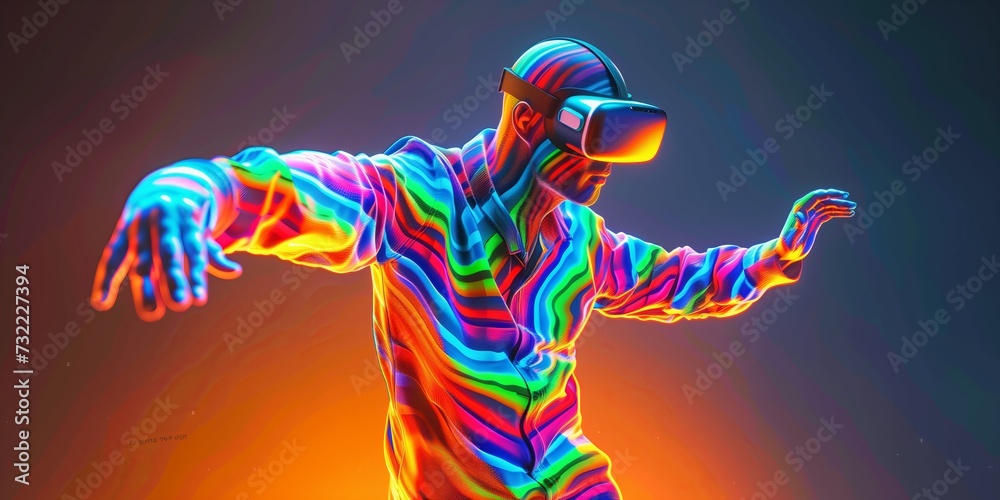 Obraz premium Futuristic VR virtual reality concept game entertainment digital technology VR virtual reality glasses sport game 3D cyber space futuristic neon colorful virtual metaverse background. Generative AI