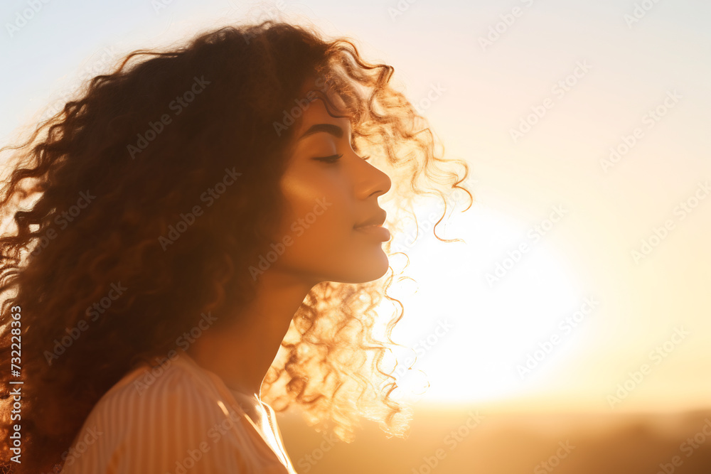 Serenity at Golden Hour: Side Profile of a Curly-Haired Woman Enjoying a Sunset. Beauty and Peace Concept