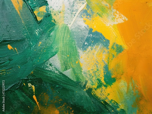Abstract art background. Oil painting on canvas. Green and yellow texture. Fragment of artwork. Spots of oil paint. Brushstrokes of paint. Modern art. Contemporary art.
