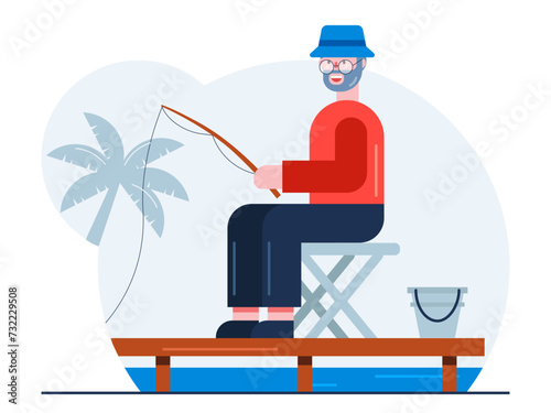 Aged man is fishing. Senior citizen vector illustration.
