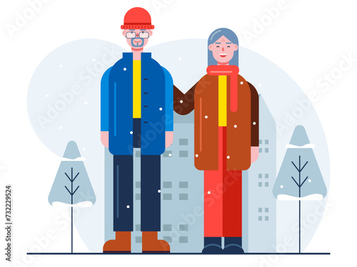 Aged people walking in urban areas. Senior citizen vector illustration.