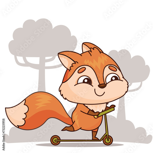 A happy cartoon fox is joyfully riding a scooter in the park, its tail swaying with pleasure. This lively illustration is a pleasing animated cartoon art with vibrant graphics. Vector