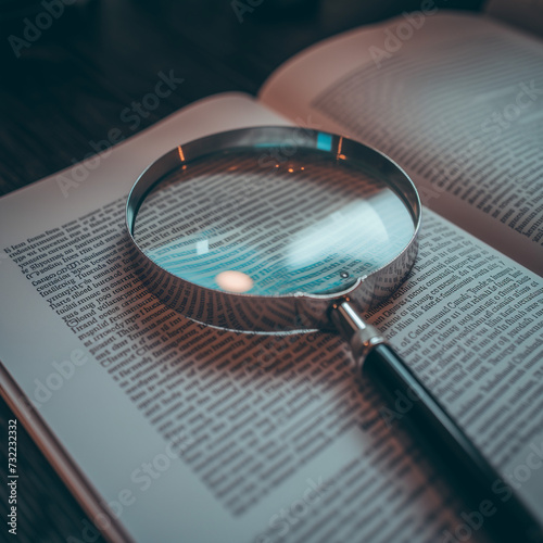 Exploring Knowledge: Close-Up of Magnifying Glass on Open Book, Detailed Study Concept, Enlarged Text for Reading, Research and Discovery, Literary Investigation, Education and Learning Tool