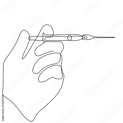 One line art drawing medicine. Hand holding syringe. Medical tools concept.