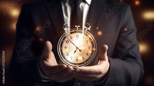  Businessman holding virtual clock . Business time management concept