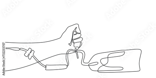 Continuous one line drawing. Blood donation. Hand with blood bag. Medical healthcare charity vector illustration.