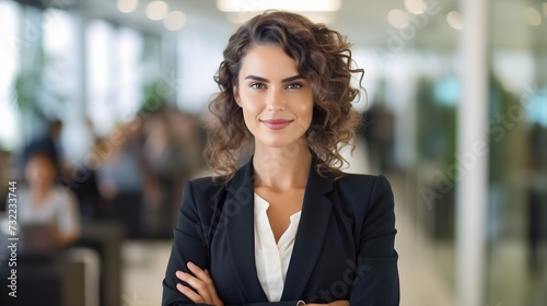 Confident business woman standing in a office  with subtle smile on a face 