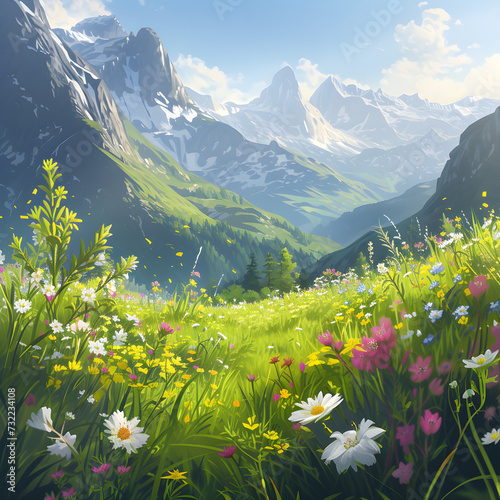 grassland with flowers and mountains
