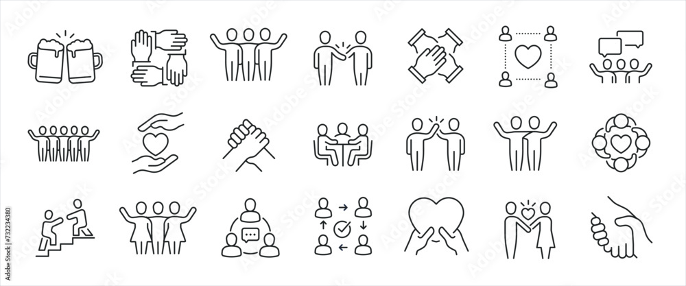 Friendship minimal thin line icons. Related friends, team, care, togetherness. Editable stroke. Vector illustration.
