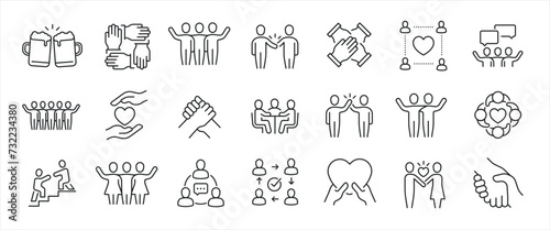 Friendship minimal thin line icons. Related friends, team, care, togetherness. Editable stroke. Vector illustration. photo