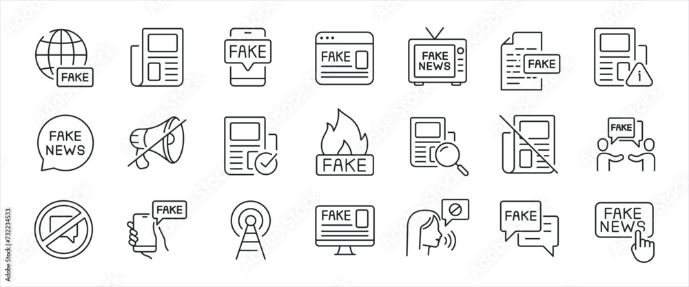 Fake news minimal thin line icons. Related hoax, propaganda, press, news, statement. Editable stroke. Vector illustration.